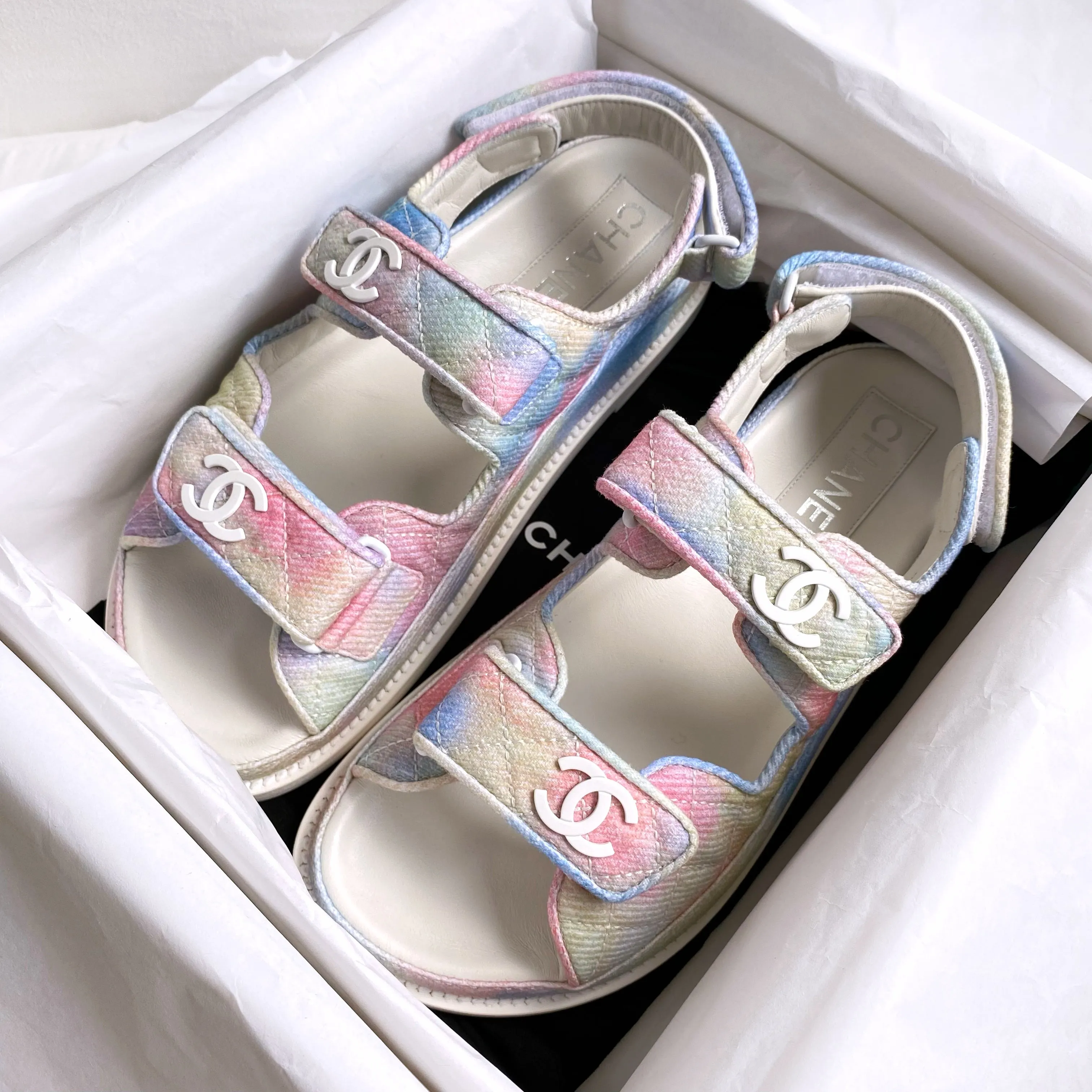 22C Pastel Rainbow Fabric CC 'Dad' Velcro Sandals Sz38