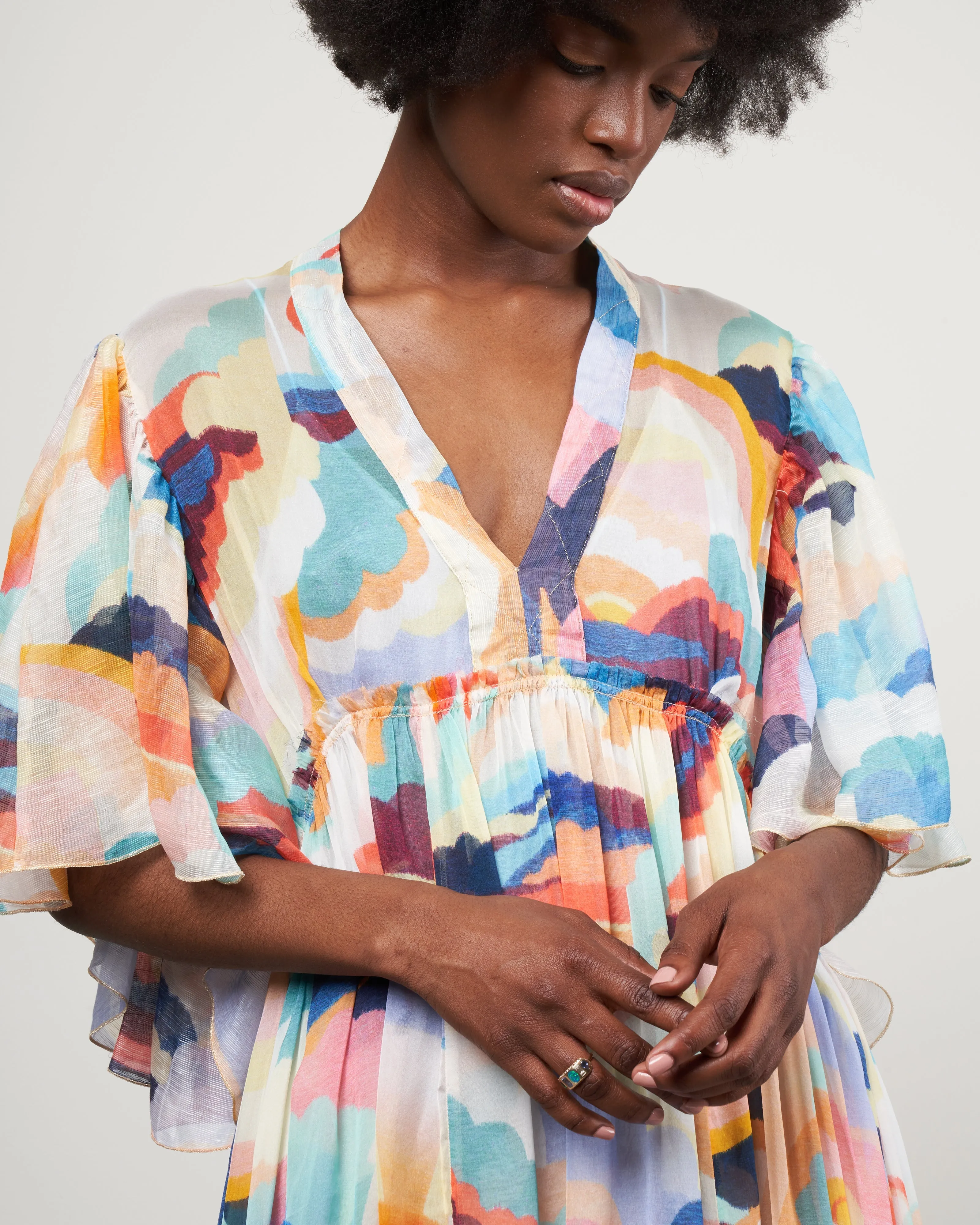 abito chiffon seta stampa "up above in the sky" - sunset