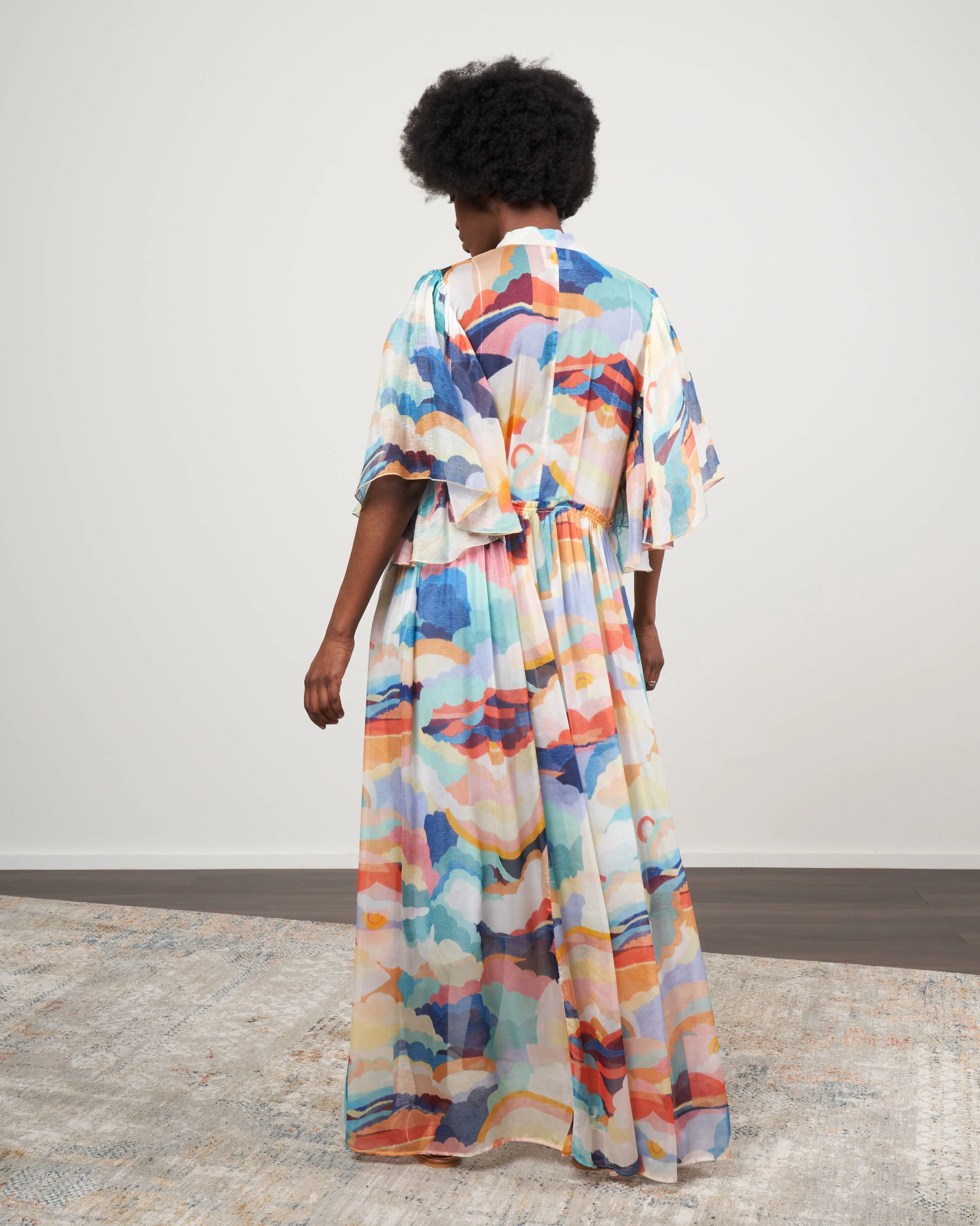 abito chiffon seta stampa "up above in the sky" - sunset