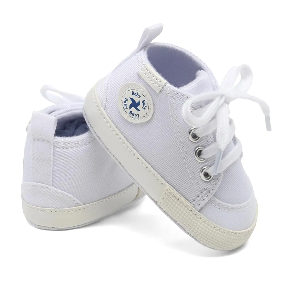 Baby Girls Boys Shoes Newborn First Walkers Star High Top Soft Anti-Slip Sole Canvas Denim Unisex Infant Sneaker (A01-White, 0-6 Months)