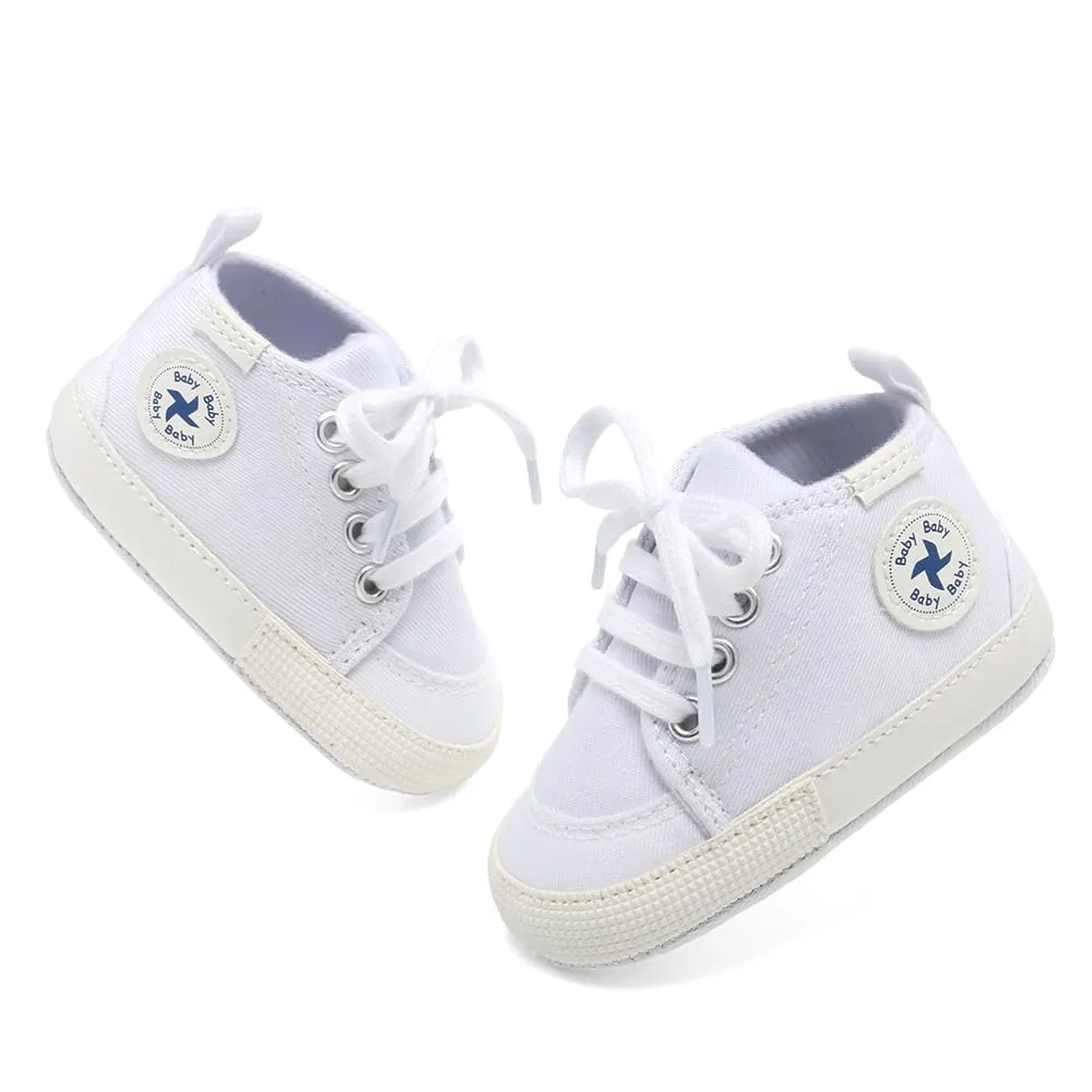Baby Girls Boys Shoes Newborn First Walkers Star High Top Soft Anti-Slip Sole Canvas Denim Unisex Infant Sneaker (A01-White, 0-6 Months)