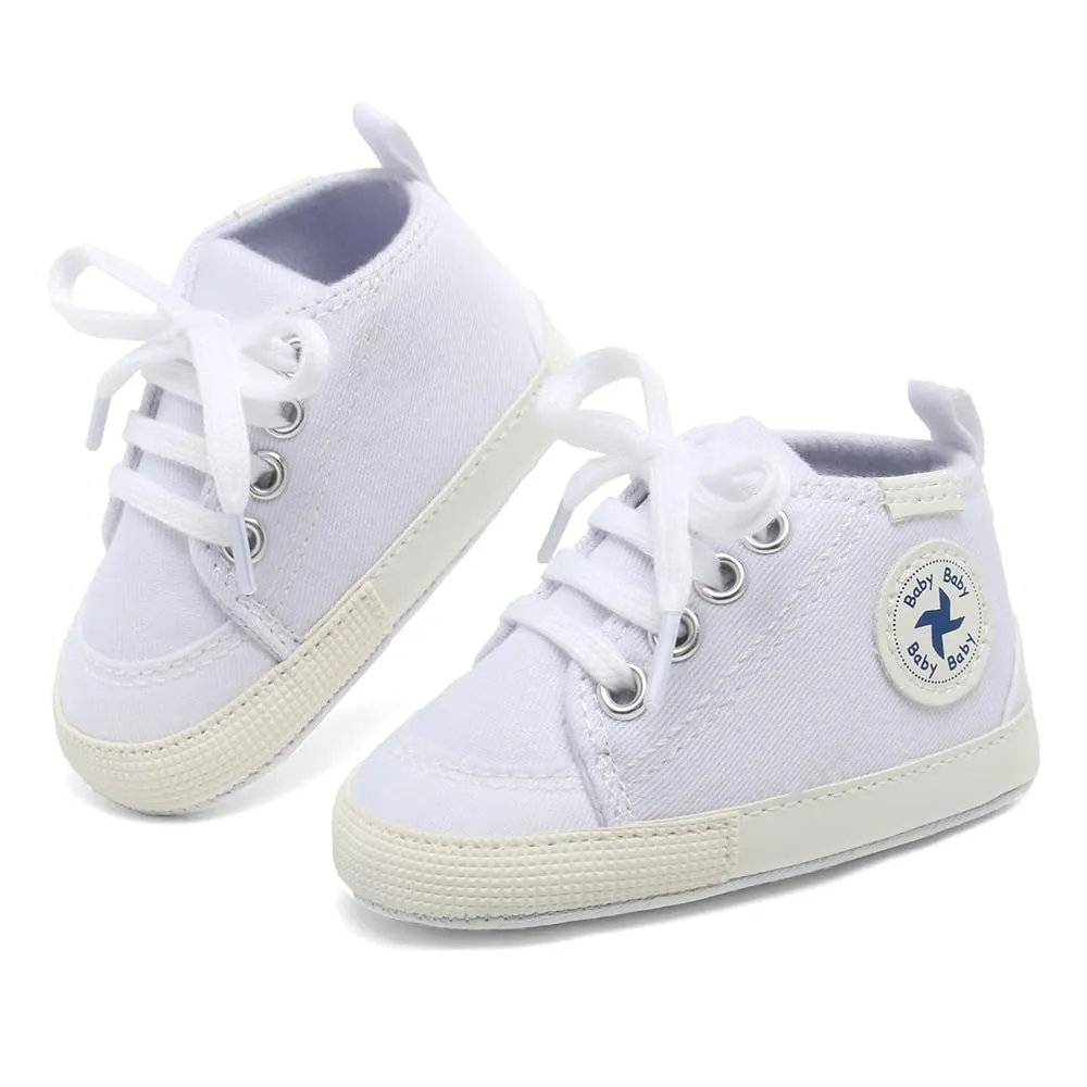 Baby Girls Boys Shoes Newborn First Walkers Star High Top Soft Anti-Slip Sole Canvas Denim Unisex Infant Sneaker (A01-White, 0-6 Months)