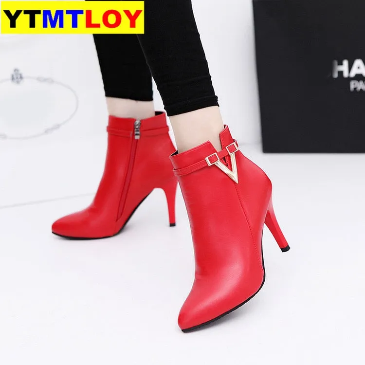 Boots Ankle PU Leather Zipper Booties High Heels Autumn Shoes Black Winter Boots Zapatos De Mujer Pointed Toe