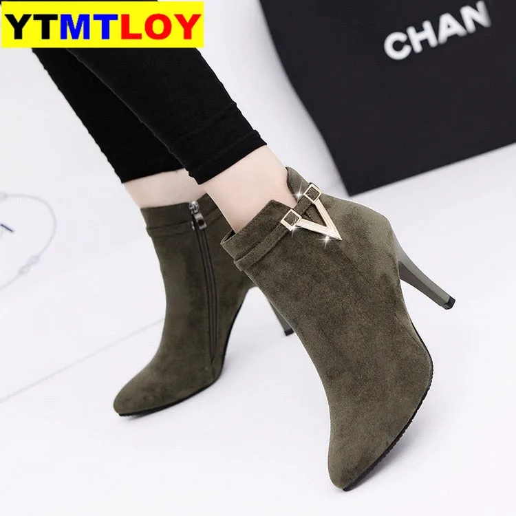 Boots Ankle PU Leather Zipper Booties High Heels Autumn Shoes Black Winter Boots Zapatos De Mujer Pointed Toe