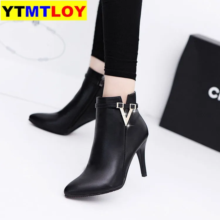 Boots Ankle PU Leather Zipper Booties High Heels Autumn Shoes Black Winter Boots Zapatos De Mujer Pointed Toe