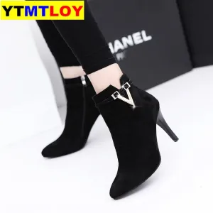 Boots Ankle PU Leather Zipper Booties High Heels Autumn Shoes Black Winter Boots Zapatos De Mujer Pointed Toe
