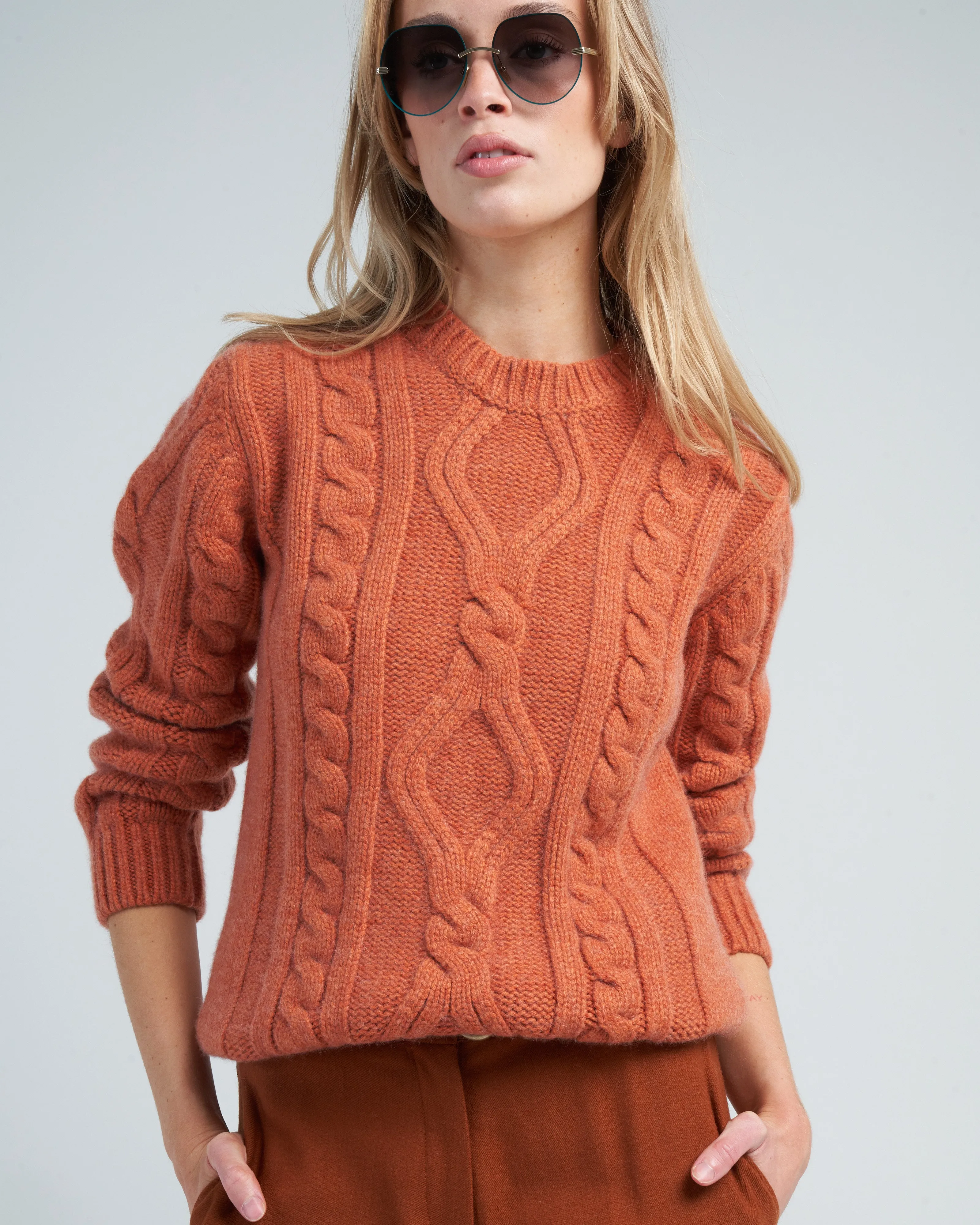 cable knit crew - orange