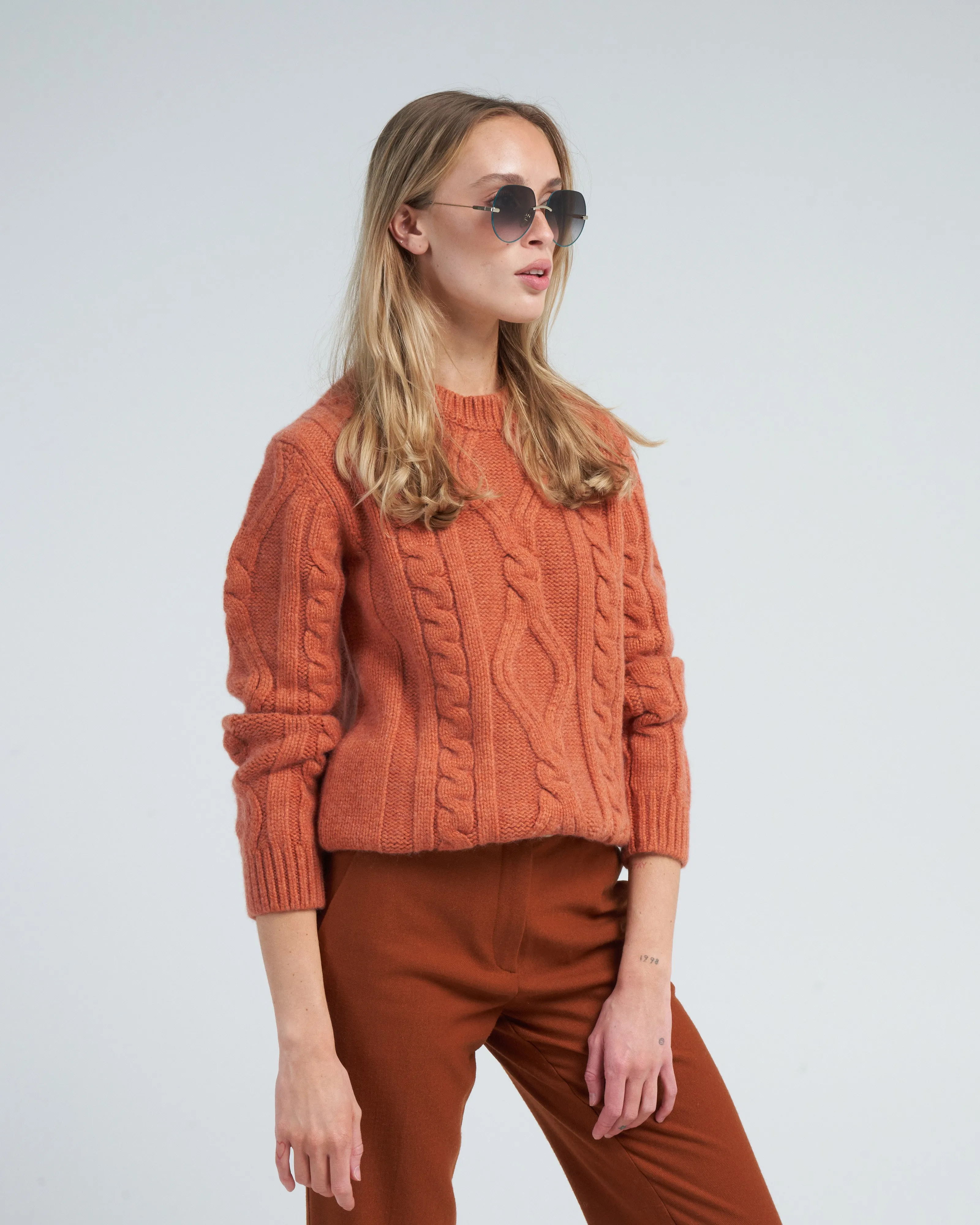 cable knit crew - orange