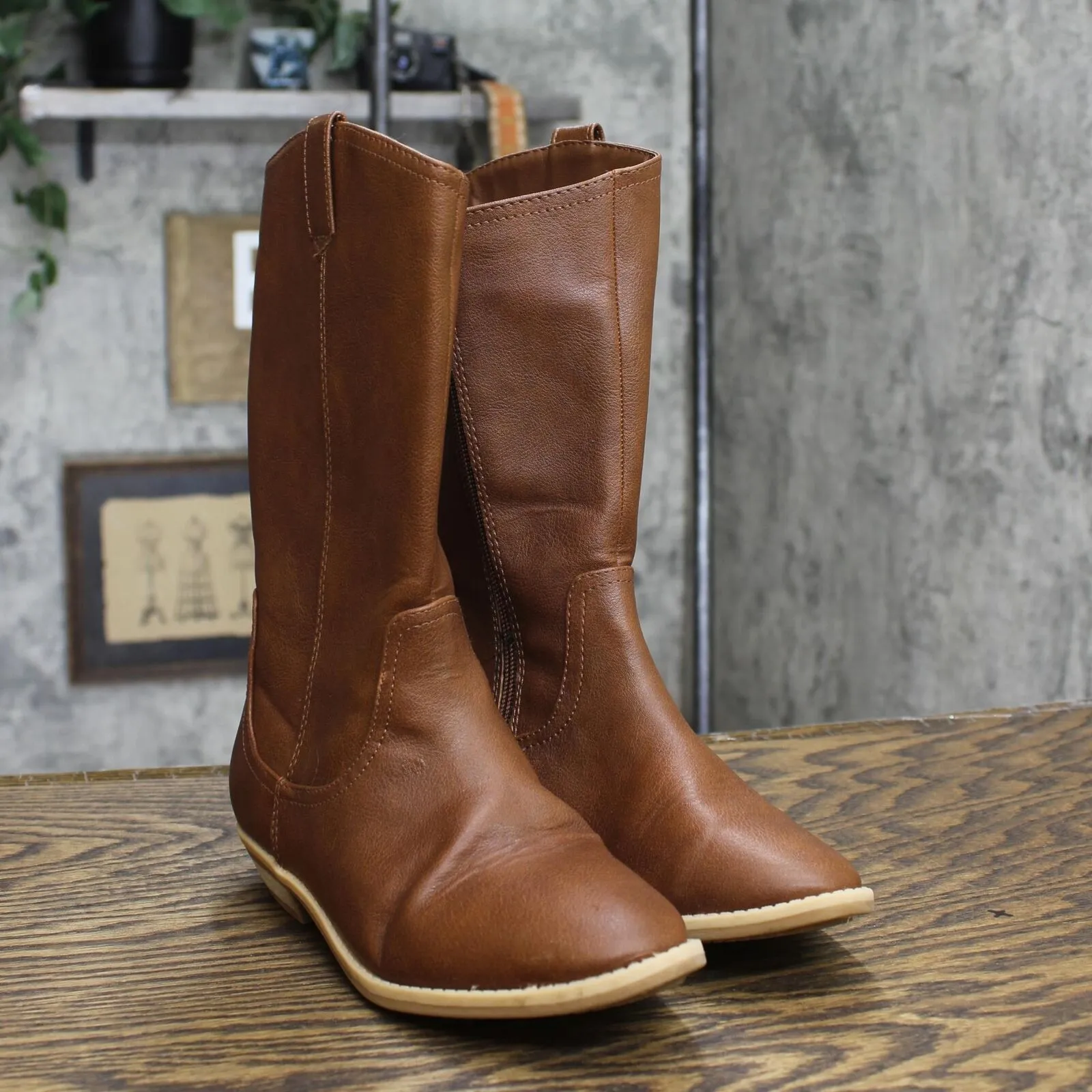 Cat & Jack Girls' Sahara Zipper Slip-On Riding Boots Cognac Brown 13