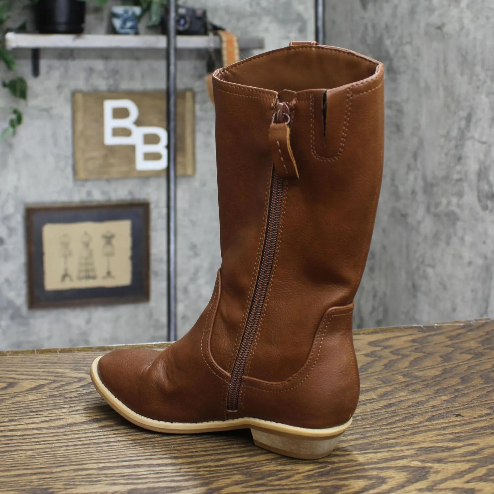 Cat & Jack Girls' Sahara Zipper Slip-On Riding Boots Cognac Brown 13