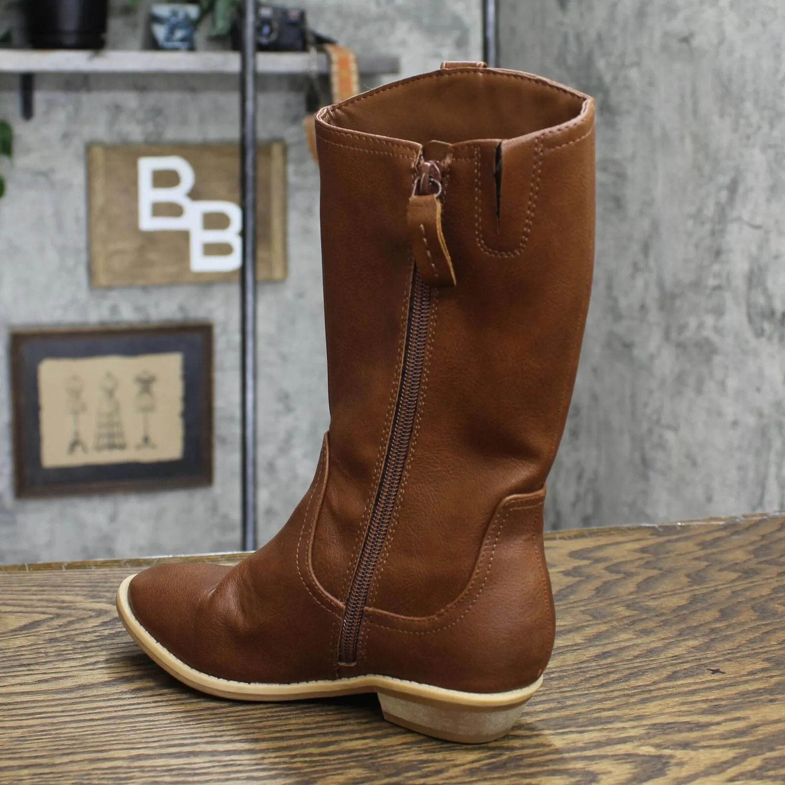 Cat & Jack Girls' Sahara Zipper Slip-On Riding Boots Cognac Brown 13