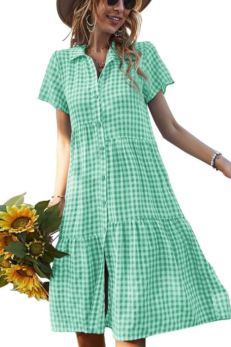 Chouyatou Women's Summer Flutter Sleeve Midi Long Gingham Dress Plaid Button Down Shirt Dress