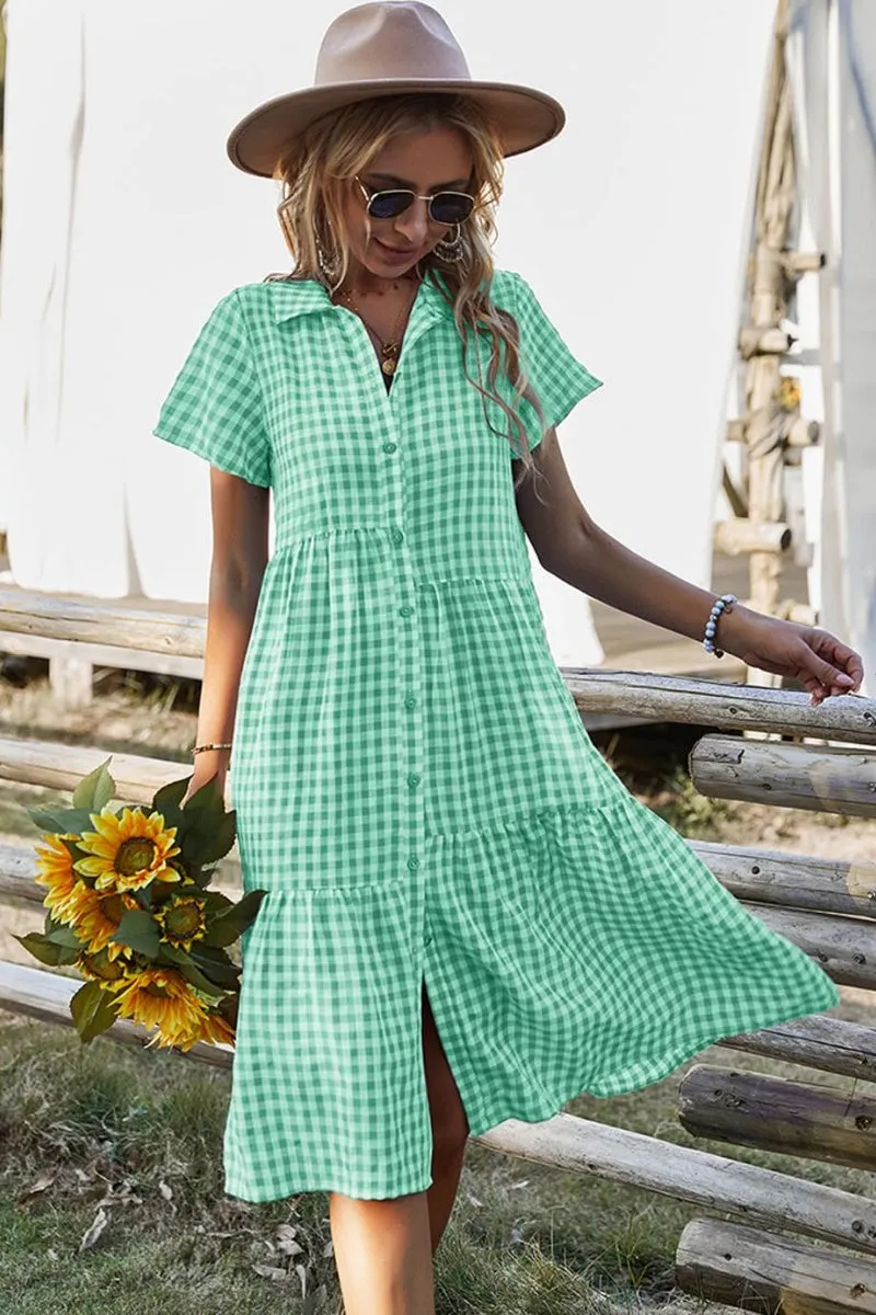 Chouyatou Women's Summer Flutter Sleeve Midi Long Gingham Dress Plaid Button Down Shirt Dress