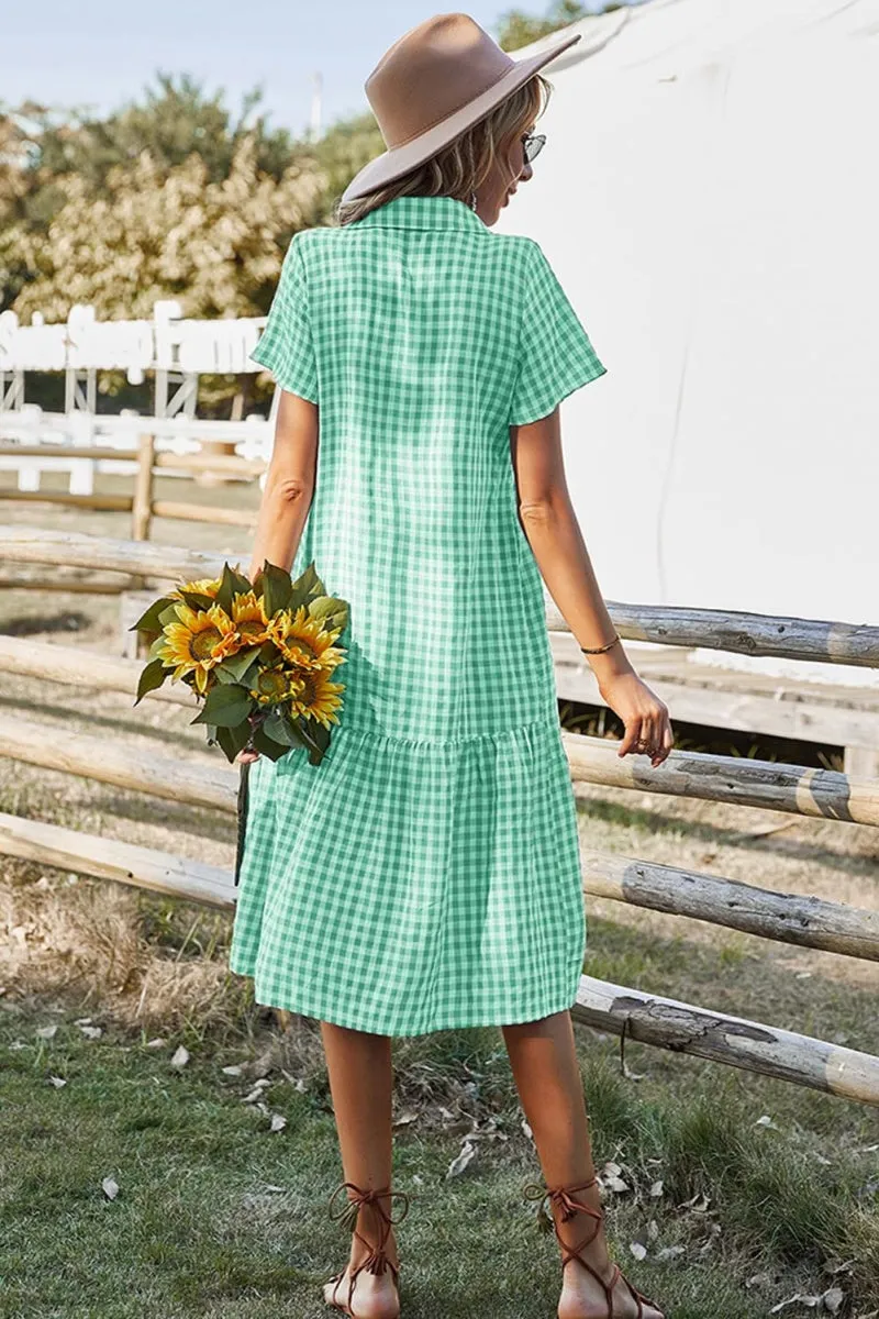 Chouyatou Women's Summer Flutter Sleeve Midi Long Gingham Dress Plaid Button Down Shirt Dress