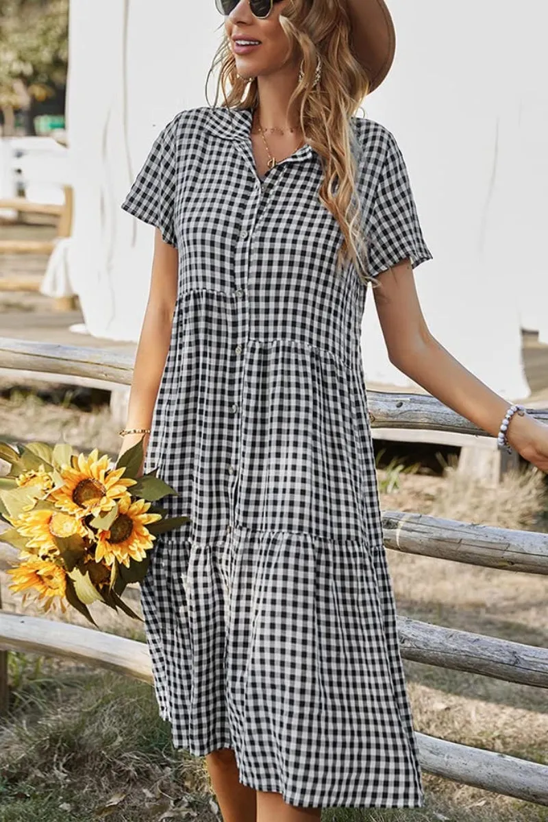 Chouyatou Women's Summer Flutter Sleeve Midi Long Gingham Dress Plaid Button Down Shirt Dress