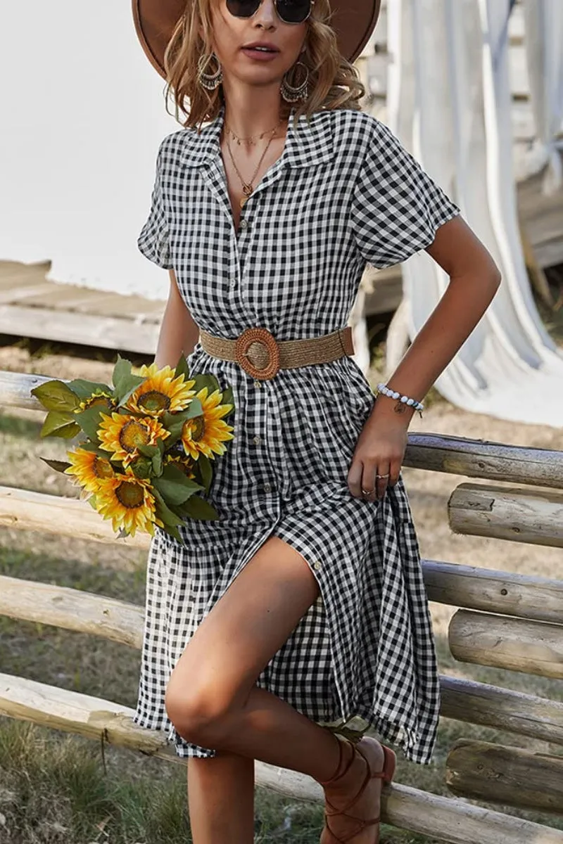 Chouyatou Women's Summer Flutter Sleeve Midi Long Gingham Dress Plaid Button Down Shirt Dress