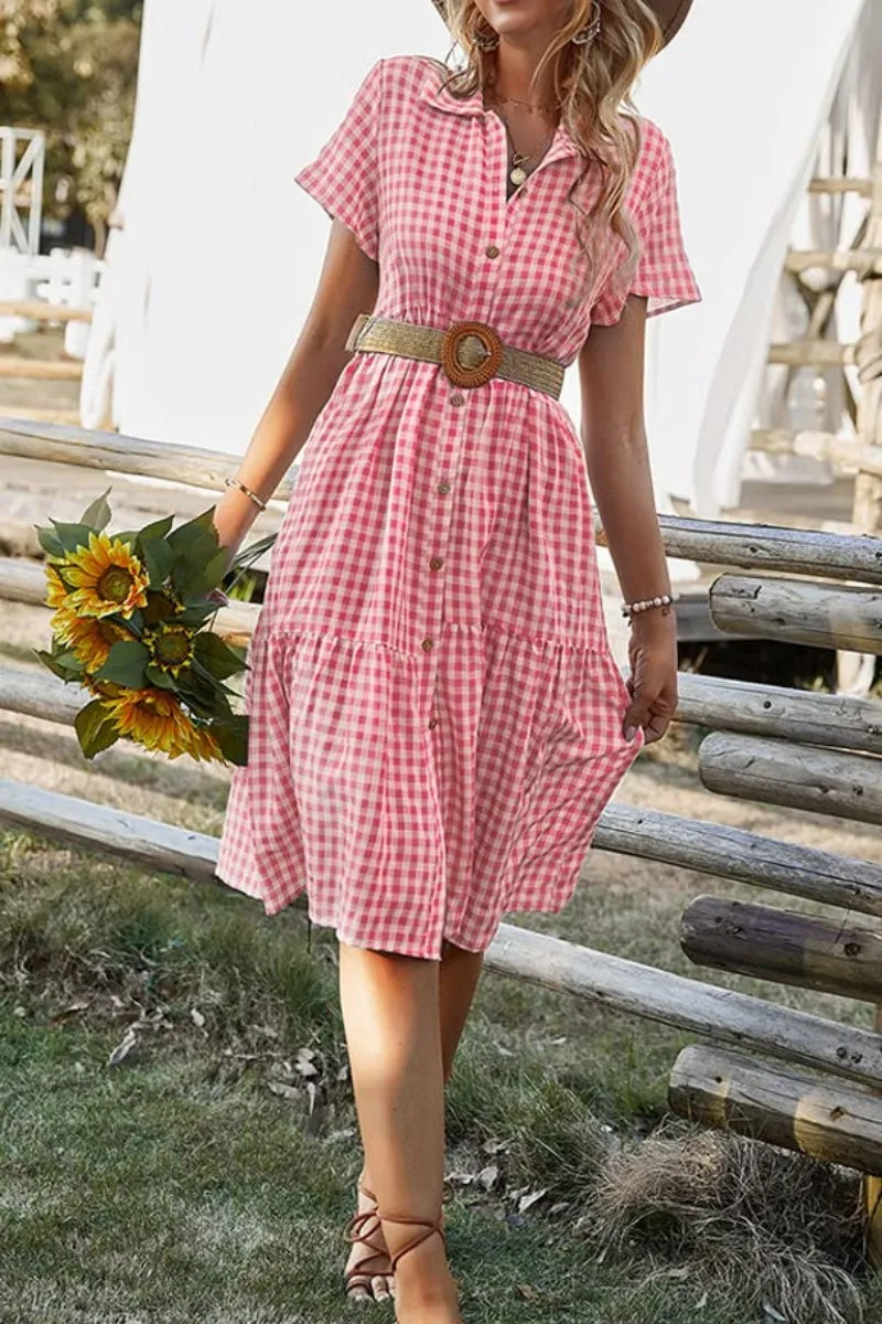 Chouyatou Women's Summer Flutter Sleeve Midi Long Gingham Dress Plaid Button Down Shirt Dress