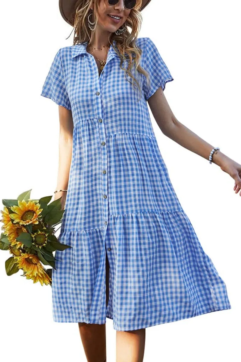 Chouyatou Women's Summer Flutter Sleeve Midi Long Gingham Dress Plaid Button Down Shirt Dress