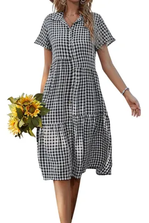 Chouyatou Women's Summer Flutter Sleeve Midi Long Gingham Dress Plaid Button Down Shirt Dress