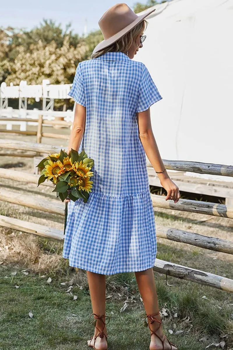 Chouyatou Women's Summer Flutter Sleeve Midi Long Gingham Dress Plaid Button Down Shirt Dress