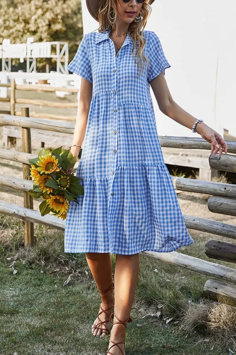 Chouyatou Women's Summer Flutter Sleeve Midi Long Gingham Dress Plaid Button Down Shirt Dress