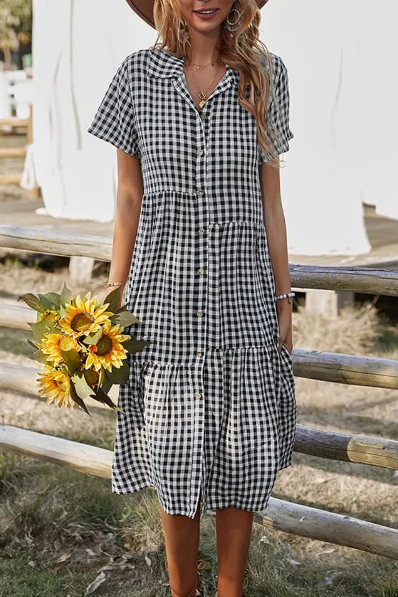 Chouyatou Women's Summer Flutter Sleeve Midi Long Gingham Dress Plaid Button Down Shirt Dress