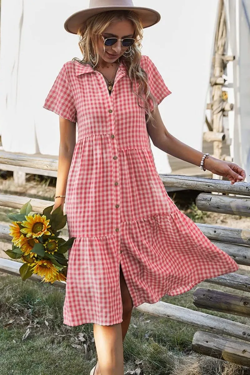 Chouyatou Women's Summer Flutter Sleeve Midi Long Gingham Dress Plaid Button Down Shirt Dress