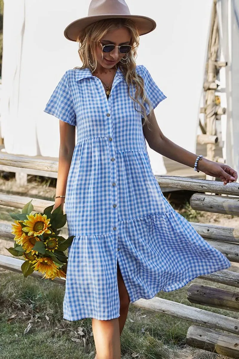 Chouyatou Women's Summer Flutter Sleeve Midi Long Gingham Dress Plaid Button Down Shirt Dress