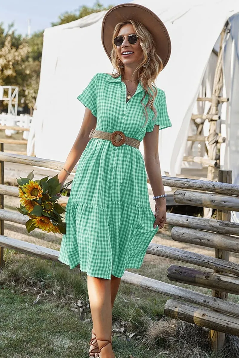 Chouyatou Women's Summer Flutter Sleeve Midi Long Gingham Dress Plaid Button Down Shirt Dress
