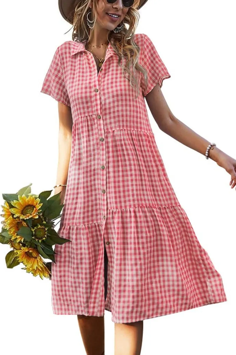 Chouyatou Women's Summer Flutter Sleeve Midi Long Gingham Dress Plaid Button Down Shirt Dress