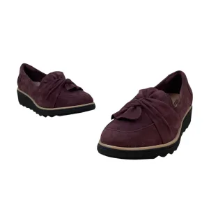 Clarks Womens Burgundy Suede Bow Accent Soft Cushion Slip On Loafers Sz 8.5W-New