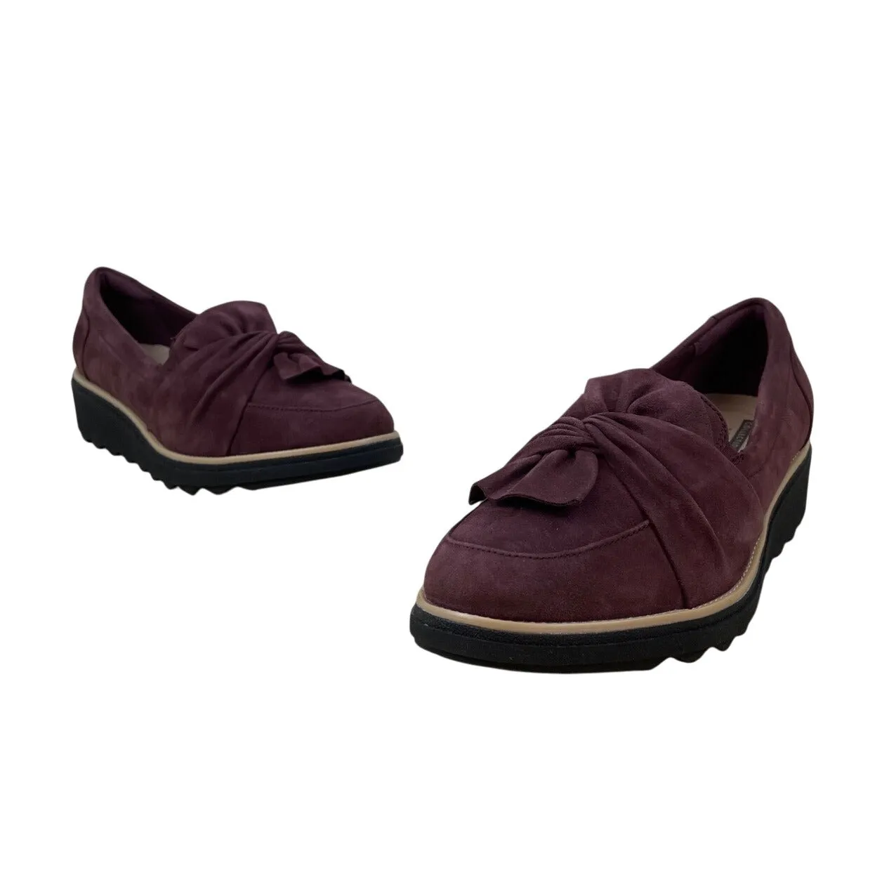 Clarks Womens Burgundy Suede Bow Accent Soft Cushion Slip On Loafers Sz 8.5W-New