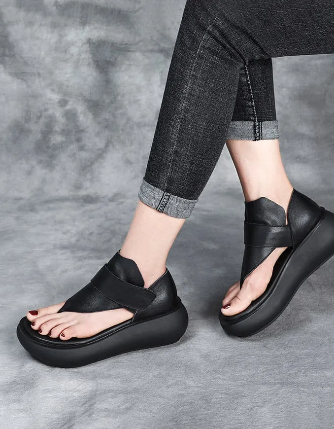 Comfortable Leather Wedge Thong Sandals