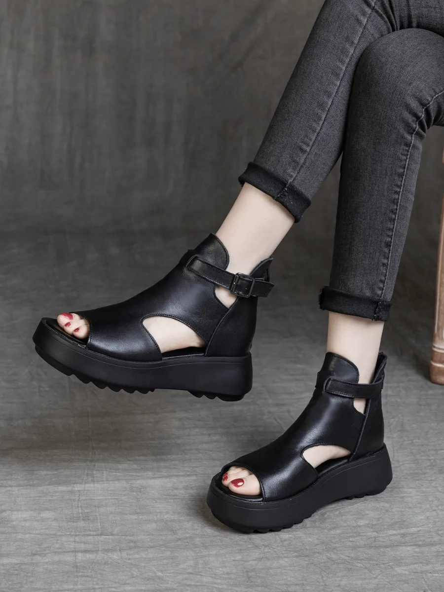 Cut-Out Platform Peep Toe Sandal - Black