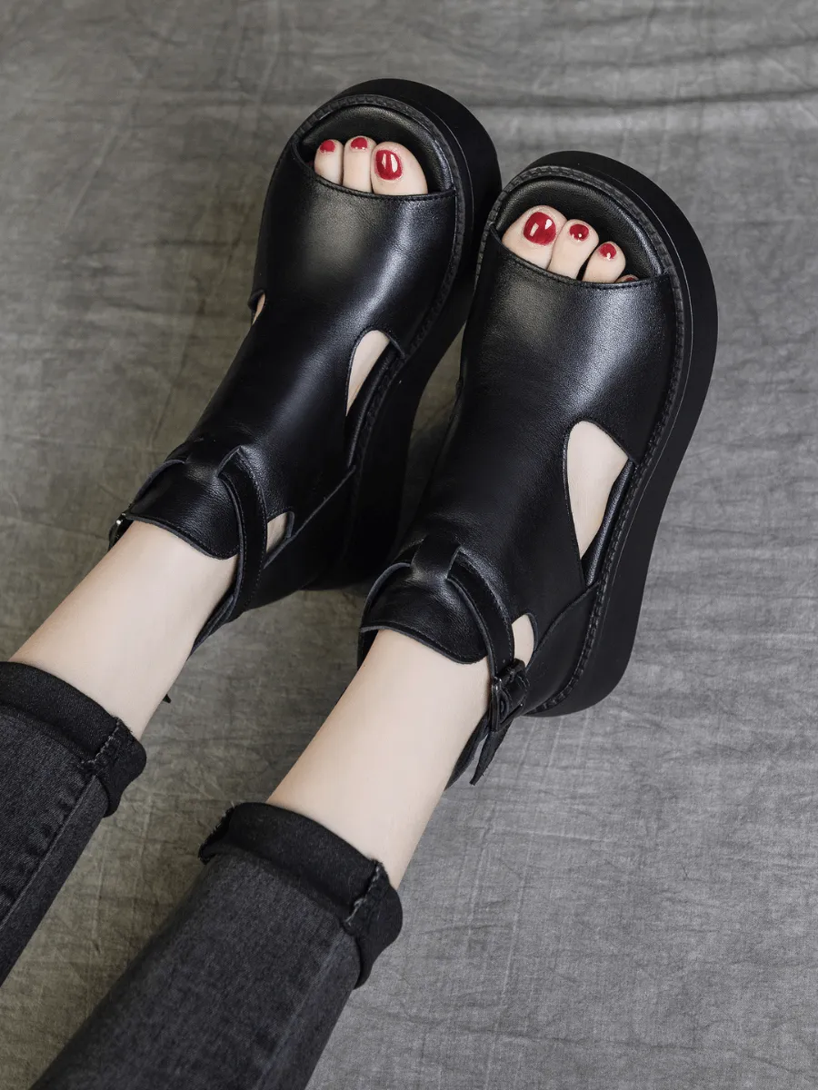 Cut-Out Platform Peep Toe Sandal - Black