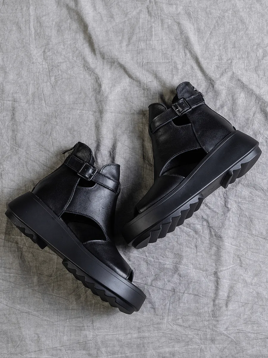 Cut-Out Platform Peep Toe Sandal - Black