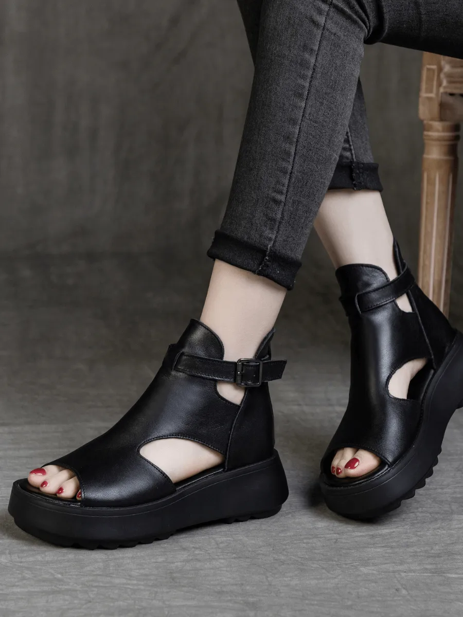 Cut-Out Platform Peep Toe Sandal - Black