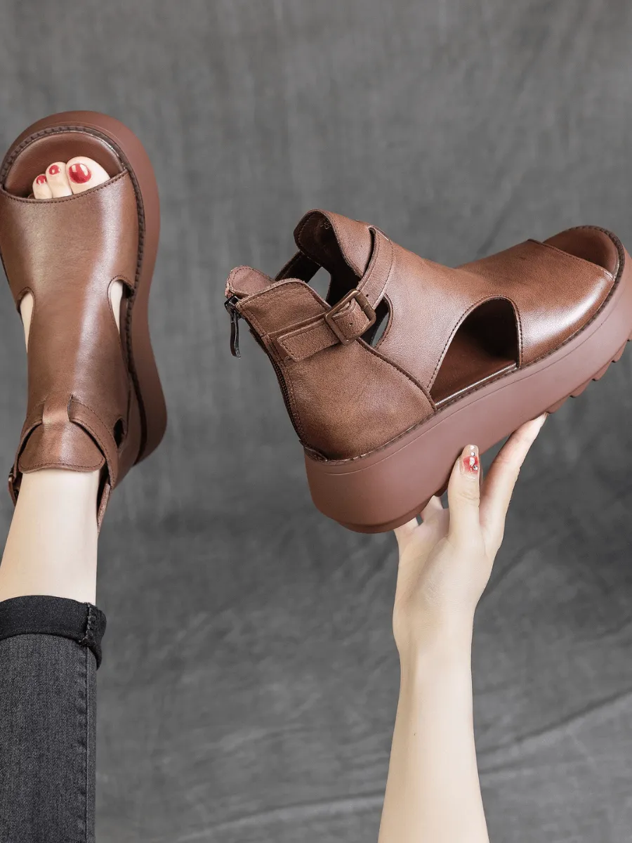 Cut-Out Platform Peep Toe Sandal - Brown