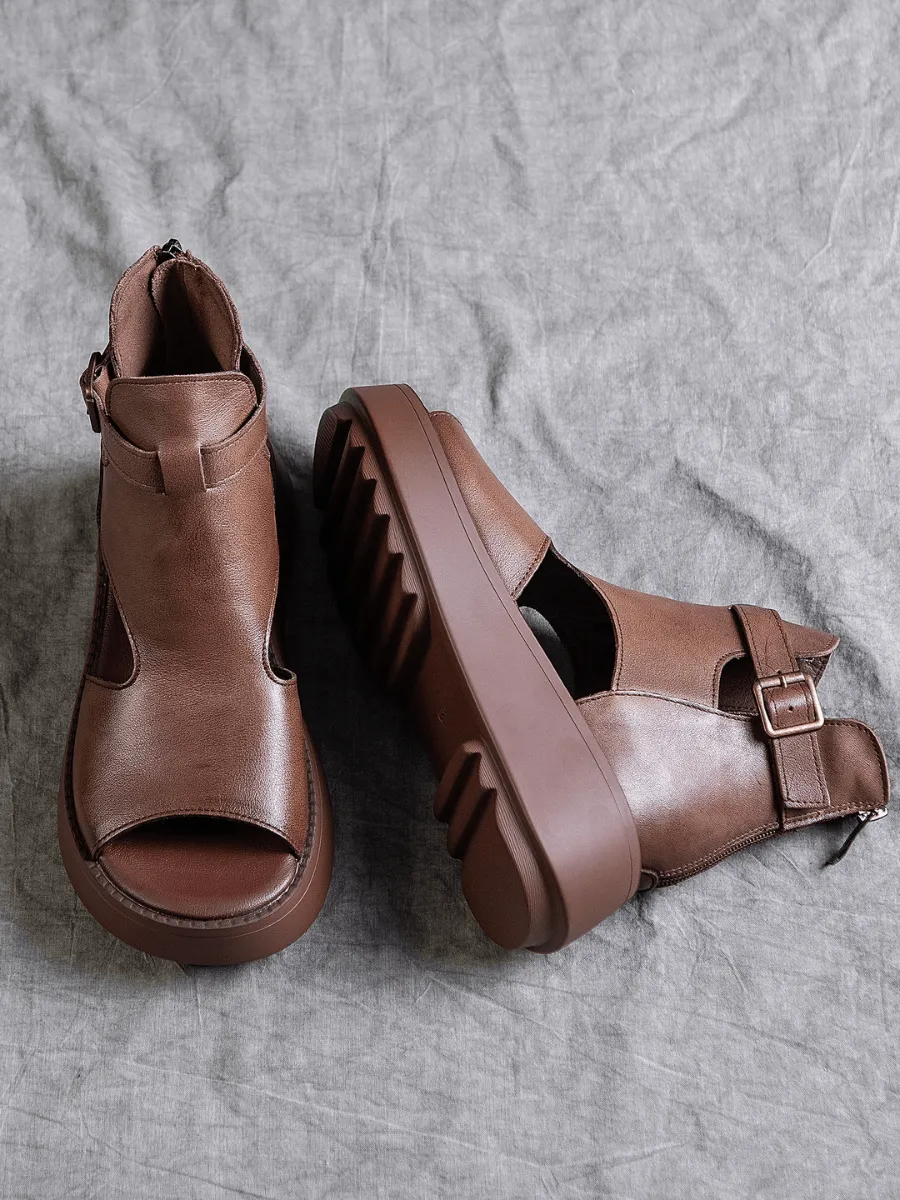 Cut-Out Platform Peep Toe Sandal - Brown