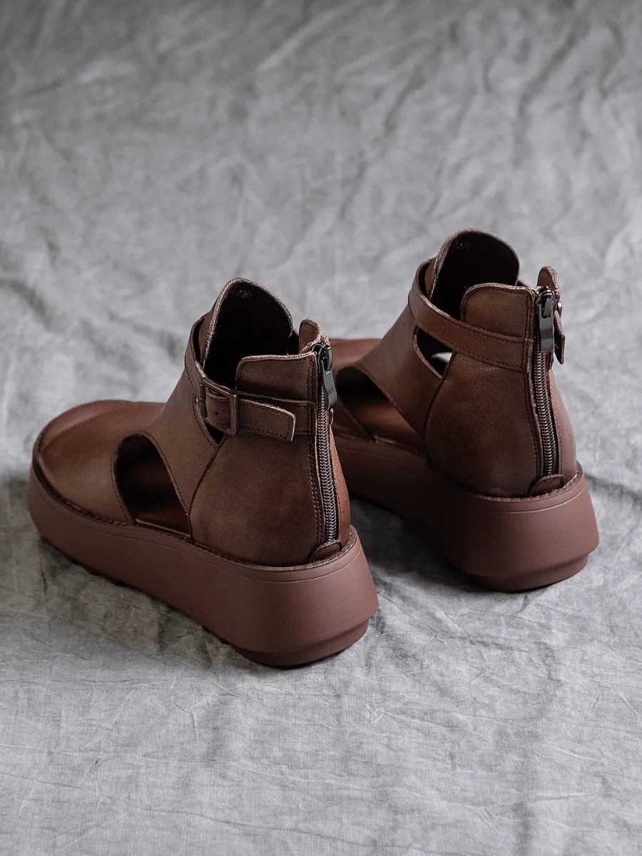 Cut-Out Platform Peep Toe Sandal - Brown
