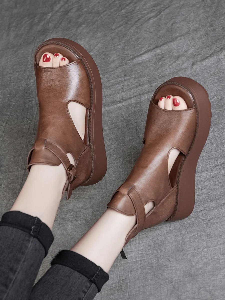 Cut-Out Platform Peep Toe Sandal - Brown