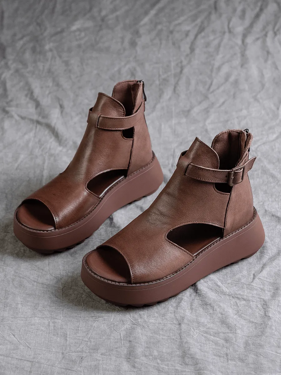 Cut-Out Platform Peep Toe Sandal - Brown