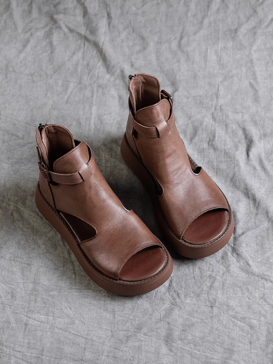 Cut-Out Platform Peep Toe Sandal - Brown