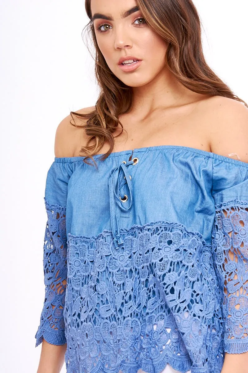 Dark Denim Lace Up Crochet Bardot Top - Tessa