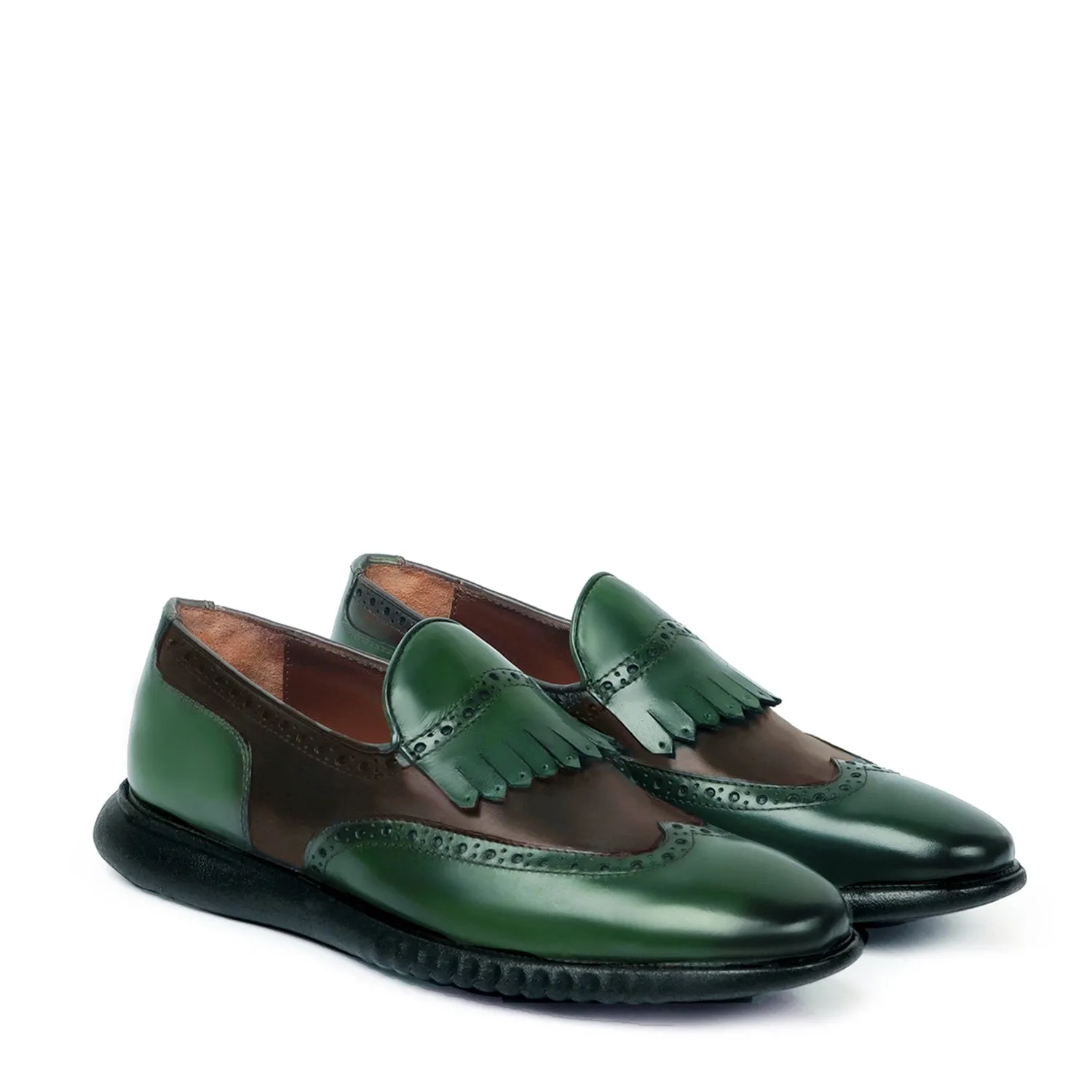 Dual Shade Light Weight Leather Loafer with Green-Dark Brown Wingtip Brogue Fringes