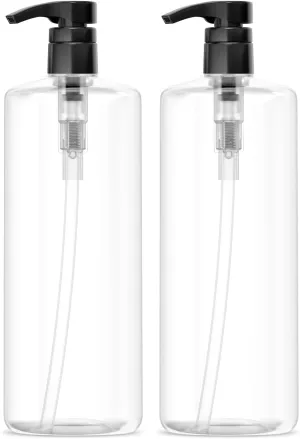 Empty Shampoo Bottles with Pumps (2-Pack 32Oz/1Liter/Large) Bpa-Free PETE1 Plastic Bottle Crystal-Clear