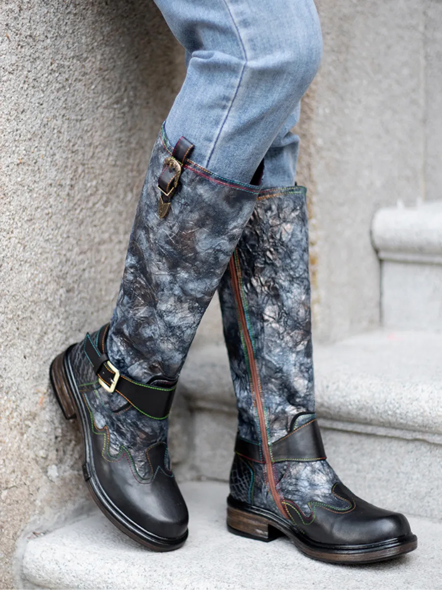 Genuine Leather Grey Wrinkled Iliyah Accent Leather Knee High Riding Flat Boots