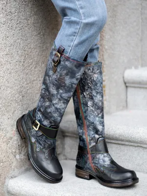 Genuine Leather Grey Wrinkled Iliyah Accent Leather Knee High Riding Flat Boots