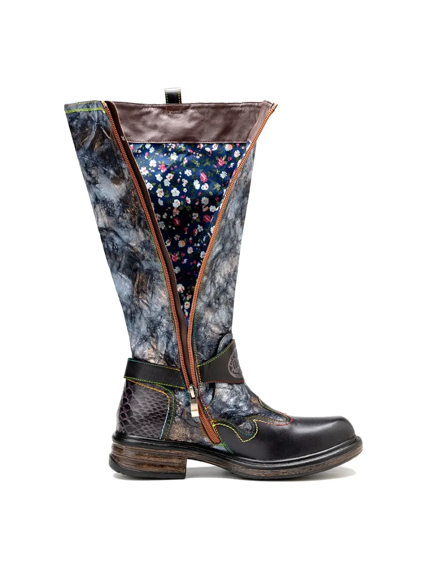 Genuine Leather Grey Wrinkled Iliyah Accent Leather Knee High Riding Flat Boots