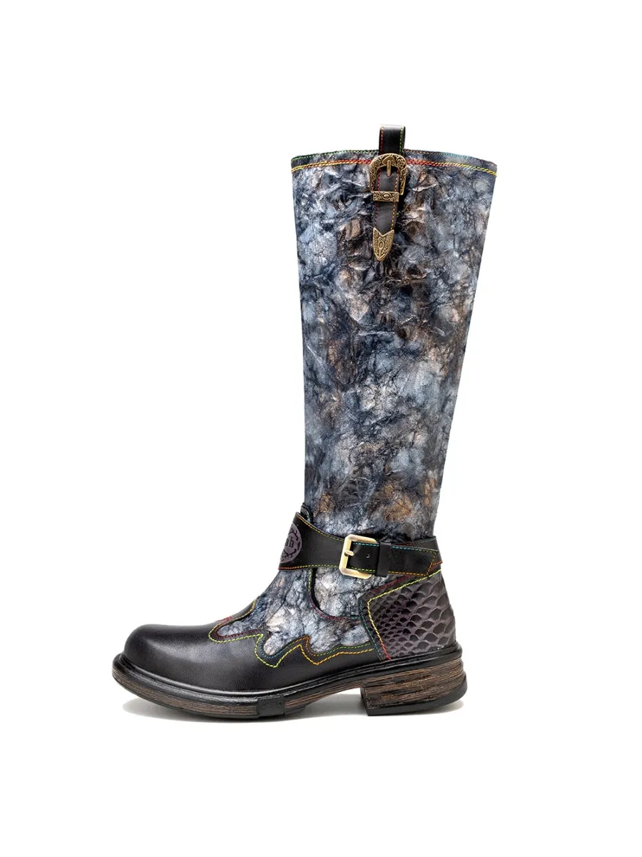 Genuine Leather Grey Wrinkled Iliyah Accent Leather Knee High Riding Flat Boots